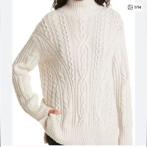Vince. Women’s Cream wool Cashmere‎ Cable Knit Blend Mock Neck Slit Sweater Med